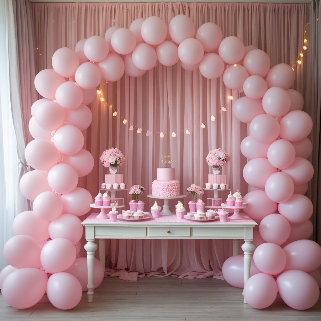 A pink-themed birthday party setup with balloon arches and a decorated table.