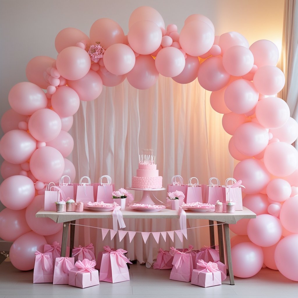 A birthday party setup with pink balloon arches and a table filled with pink party favors and goodie bags.