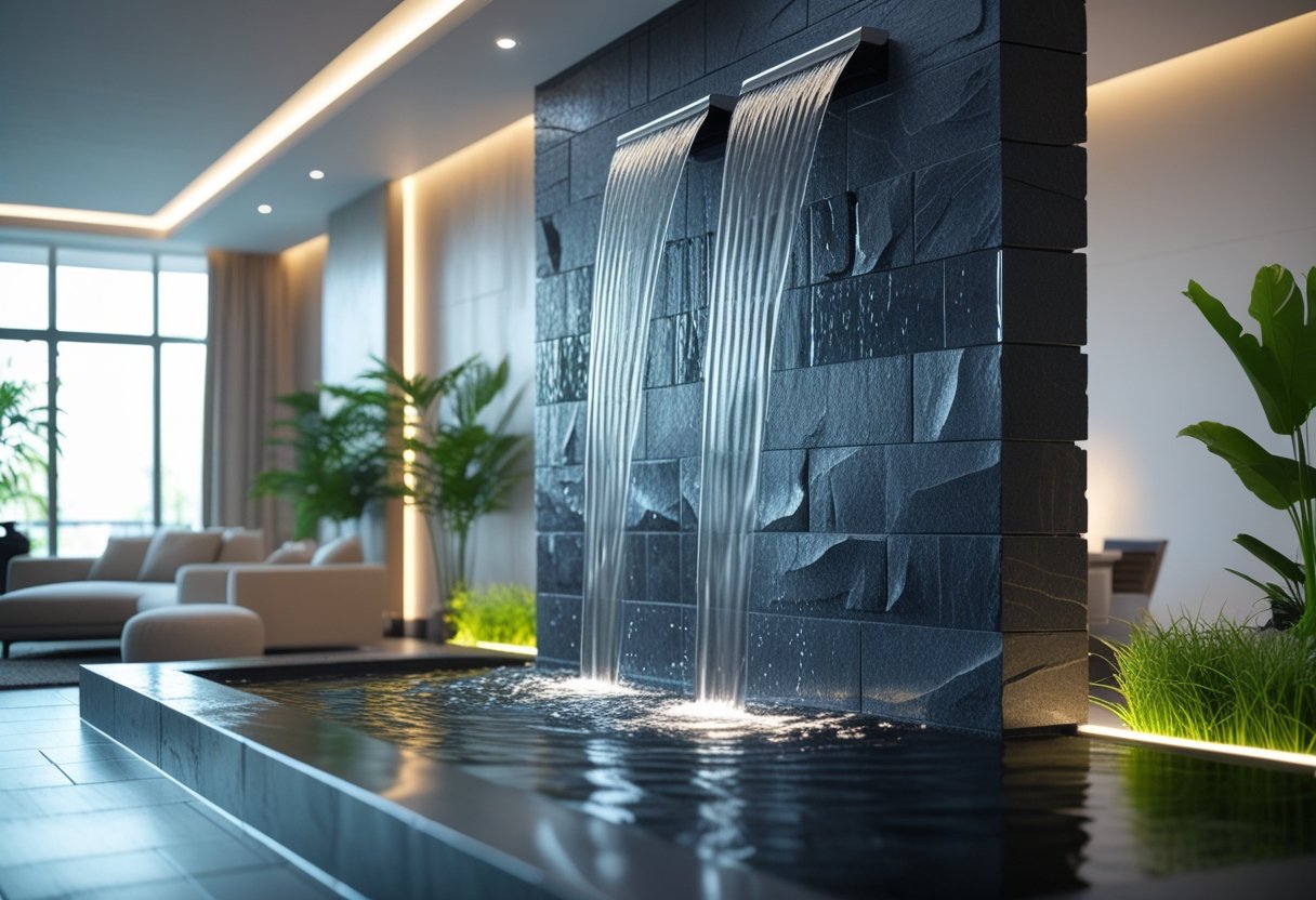 Indoor living room with a modern waterfall wall featuring water flowing down dark stone panels, surrounded by minimalist furniture and plants.