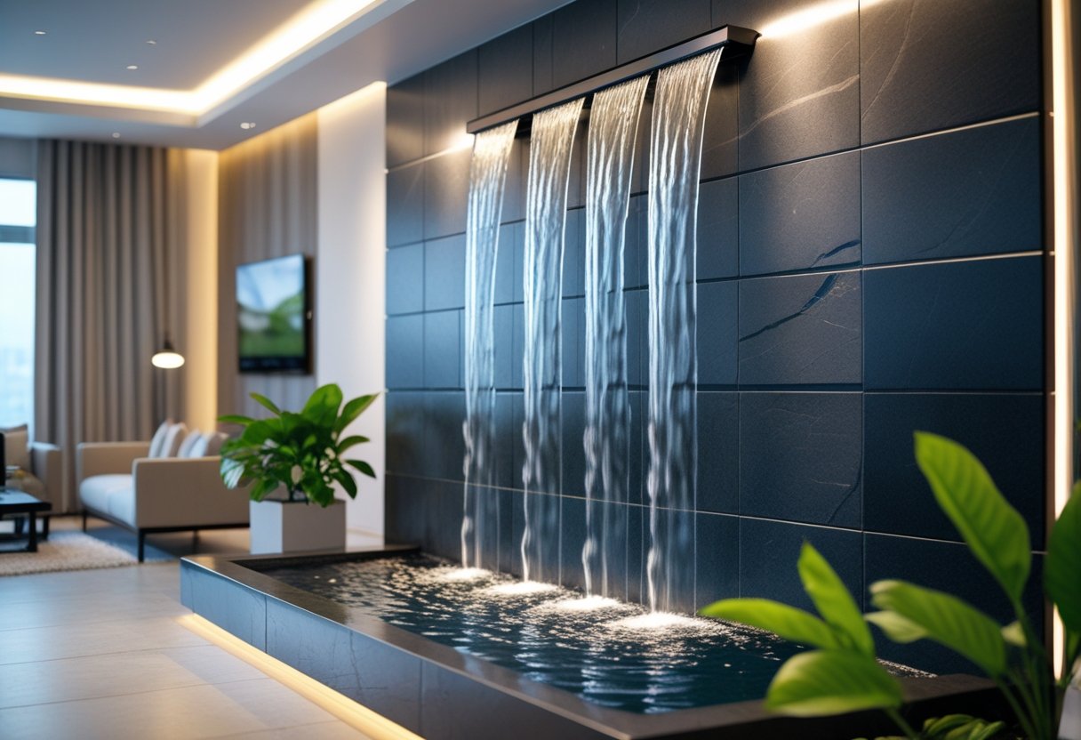Indoor living room with a modern waterfall wall, water flowing down dark stone panels, surrounded by furniture and plants.