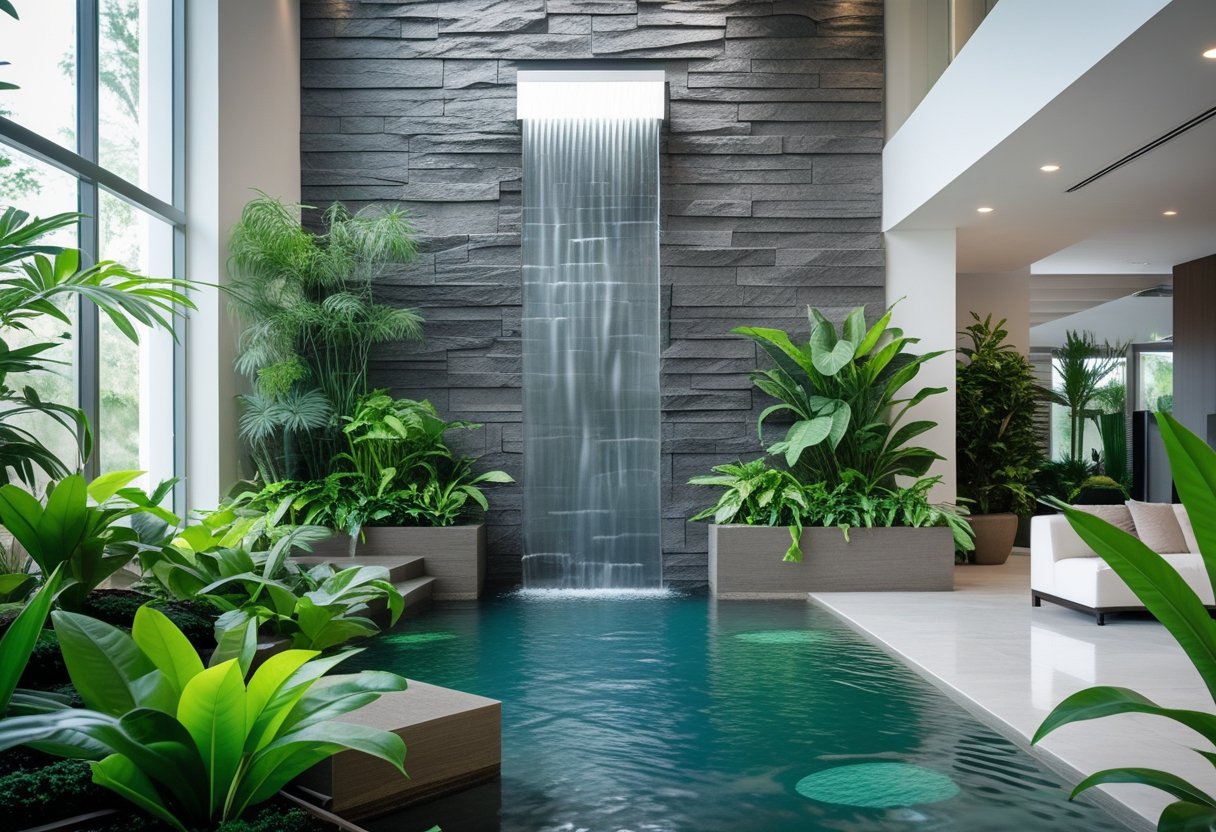 Indoor living room with a modern waterfall wall surrounded by green plants and natural light.