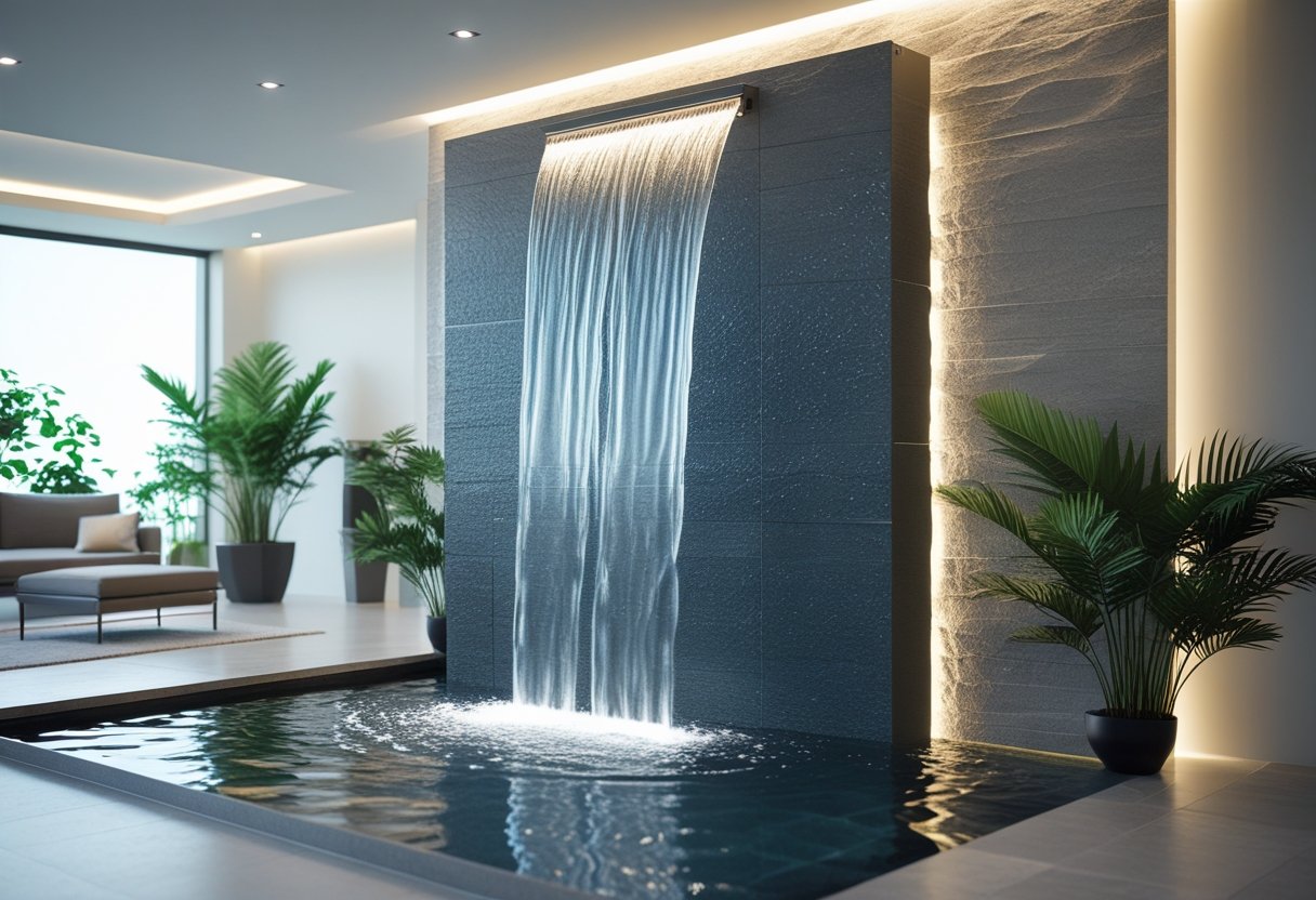 Indoor living space featuring a modern waterfall wall with water flowing down a stone surface surrounded by plants and furniture.