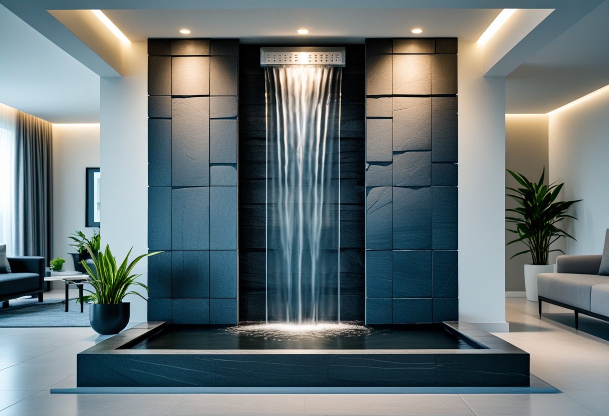 Indoor waterfall wall with water flowing down dark stone panels in a modern living room setting.