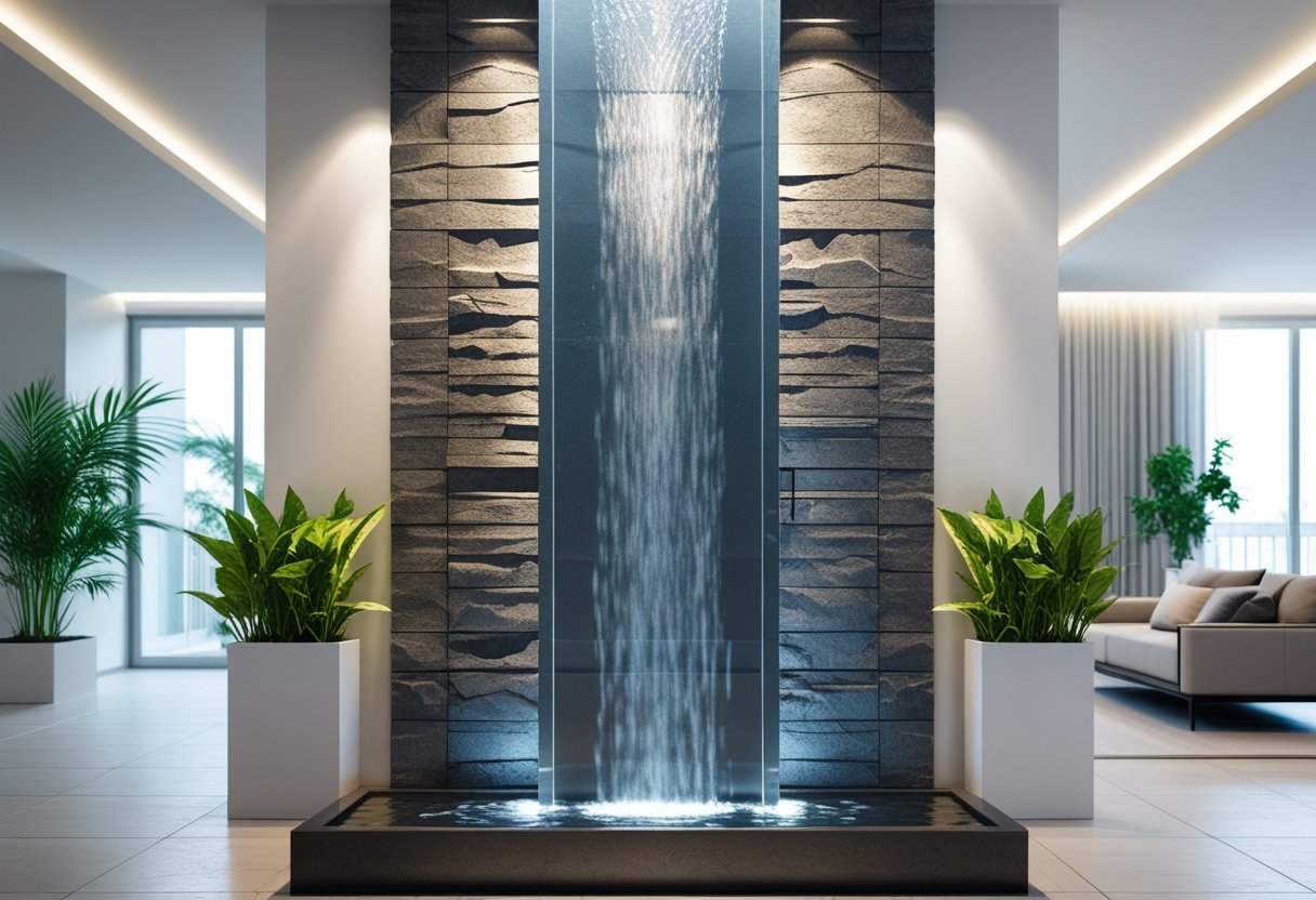 Indoor waterfall wall with water flowing down a stone surface in a bright living room with modern furniture and plants.