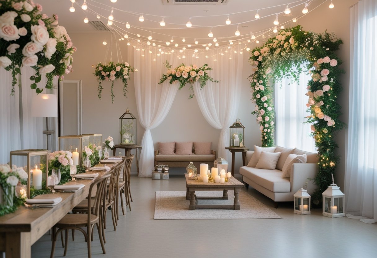 A wedding room decorated with flowers, fairy lights, candles, and a floral arch, creating a warm and inviting atmosphere.