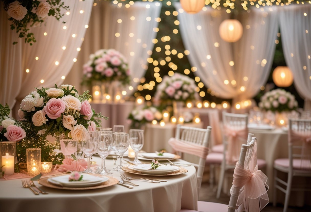 A wedding room decorated with flowers, candles, fairy lights, and elegant table settings creating a romantic atmosphere.