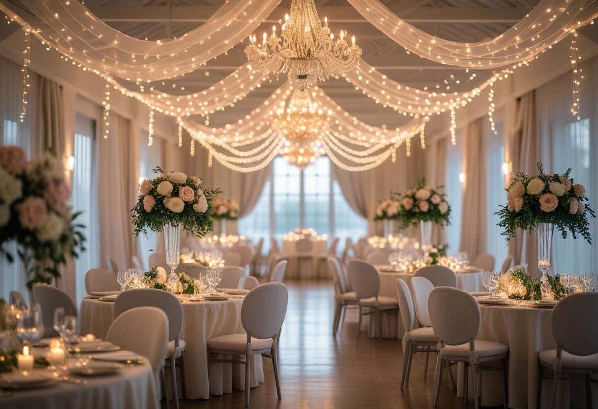 A wedding room decorated with soft warm lights, fairy lights, chandeliers, candles, white drapes, and pastel floral arrangements.