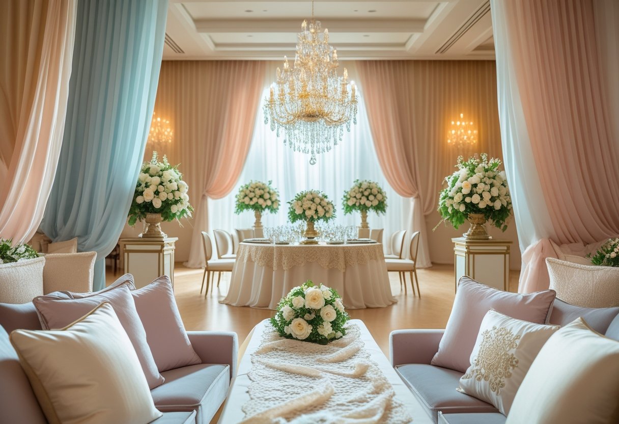 A beautifully decorated wedding room with soft drapes, plush cushions, floral arrangements, and elegant table settings.