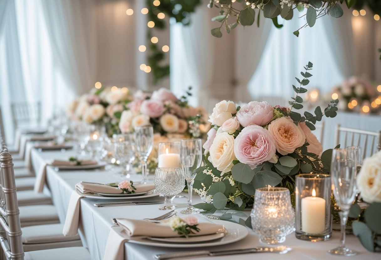 A beautifully decorated wedding room with a long table set with flowers, candles, glassware, and elegant tableware.