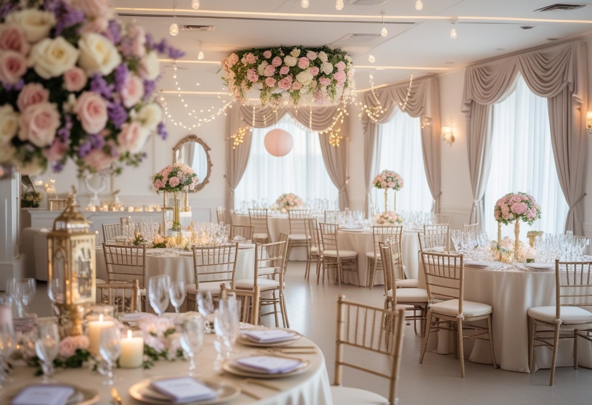 A beautifully decorated wedding room with floral arrangements, candles, and elegant table settings creating a romantic atmosphere.