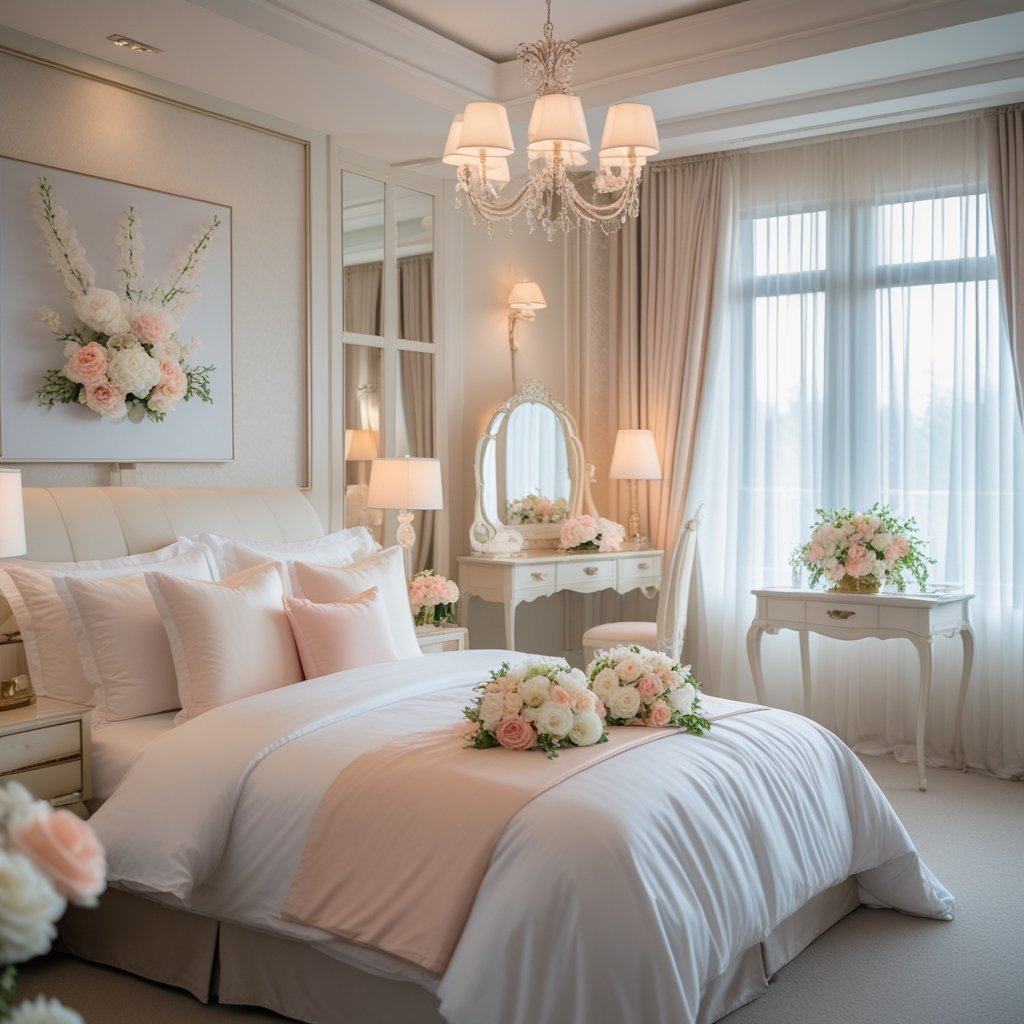 A bridal bedroom decorated with a large bed, white linens, pastel pillows, floral arrangements, soft natural light, and elegant furnishings.