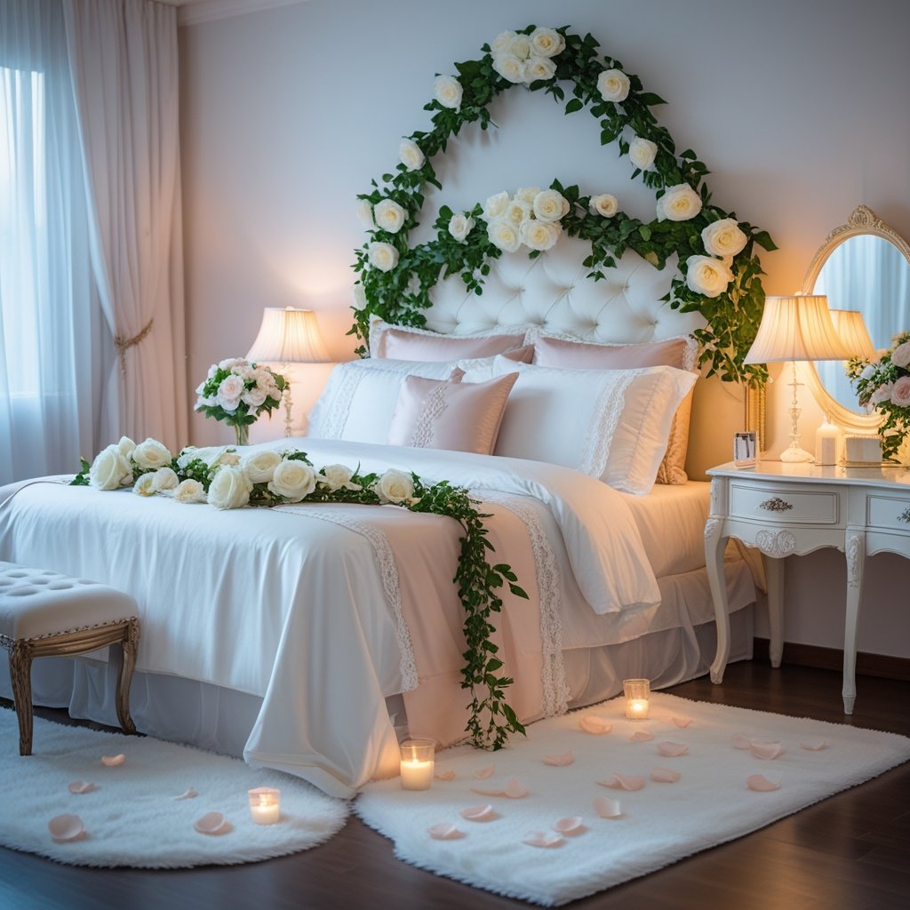 A bridal bedroom with a decorated bed featuring white and pastel linens, rose garlands on the headboard, rose petals on the bed, soft lighting, sheer curtains, and a vanity table with flowers and a candle.