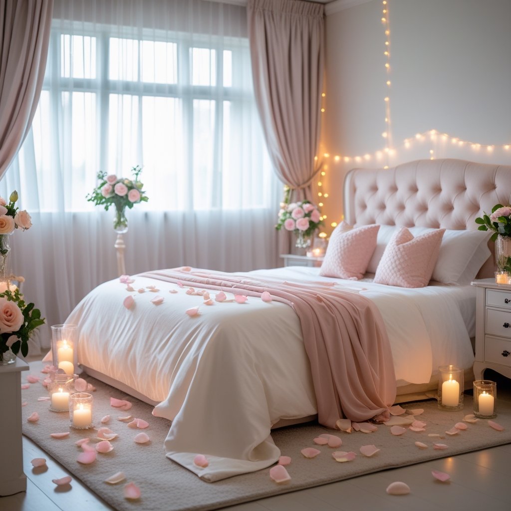 A bridal bedroom with a large bed covered in white and pink linens, rose petals scattered on the bed and floor, lit candles on bedside tables, and soft natural light coming through sheer curtains.