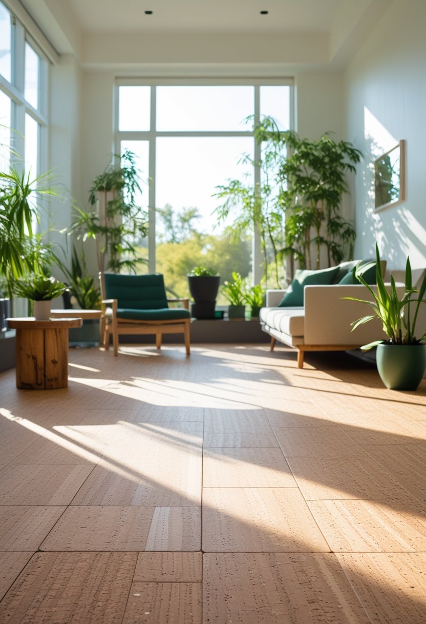 A modern living room with natural cork and bamboo flooring, sunlight coming through large windows, minimalist furniture, and green plants.