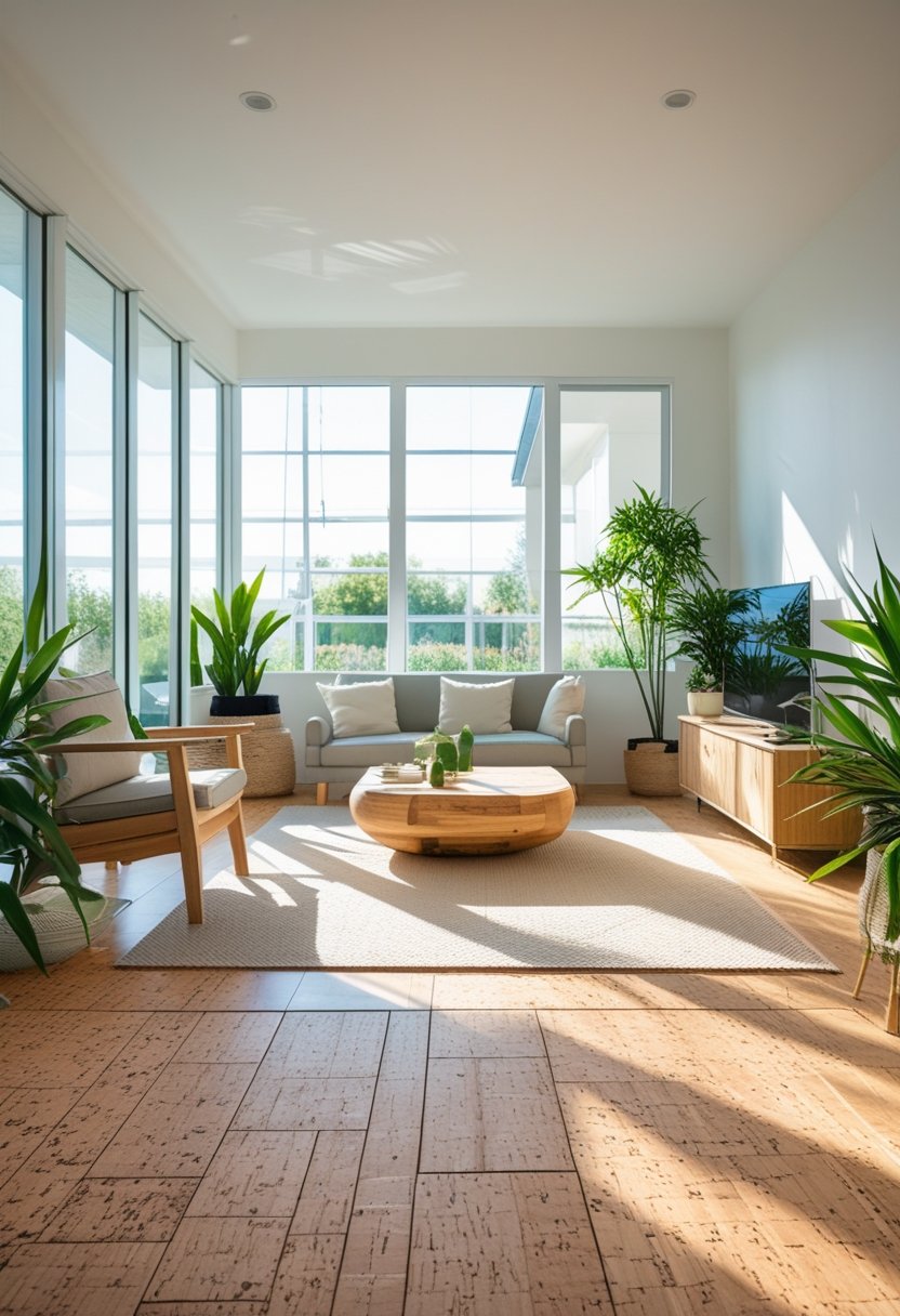 A bright modern living room with cork and bamboo flooring, natural light, green plants, and contemporary furniture.