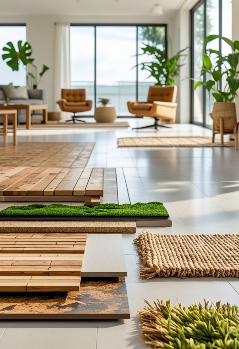 Modern living room with samples of sustainable flooring materials and indoor plants in a bright, natural light setting.