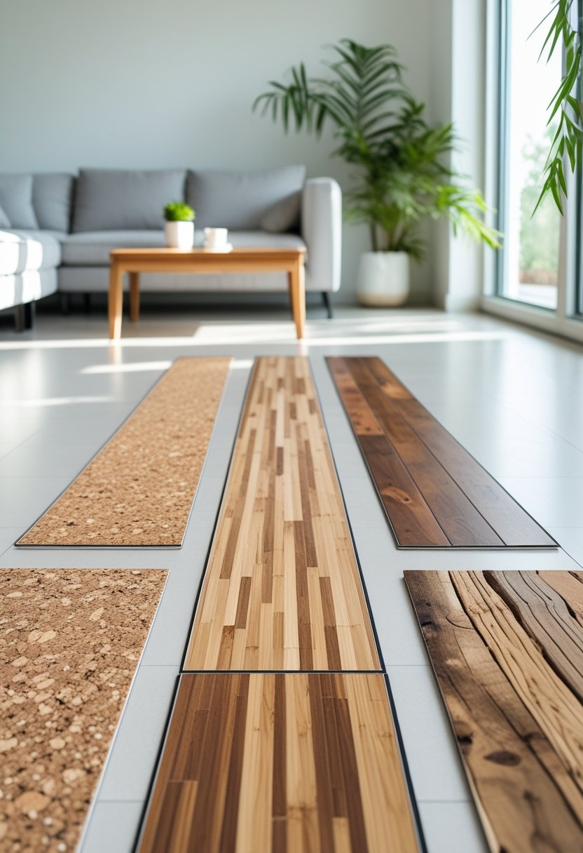 A bright living room with three types of eco-friendly flooring samples displayed on the floor, including cork, bamboo, and reclaimed wood, with modern furniture and natural light.