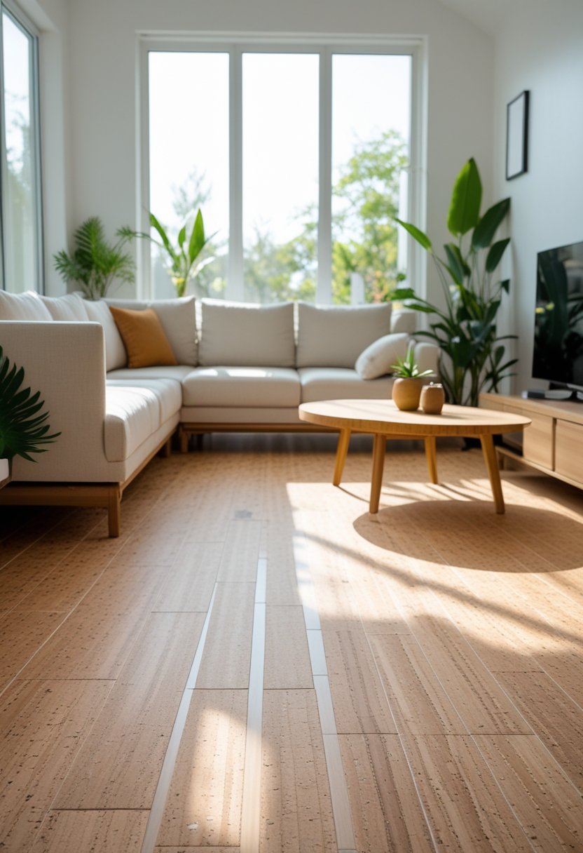 A modern living room with natural cork and bamboo flooring, sunlight coming through large windows, minimalist furniture, and green plants.