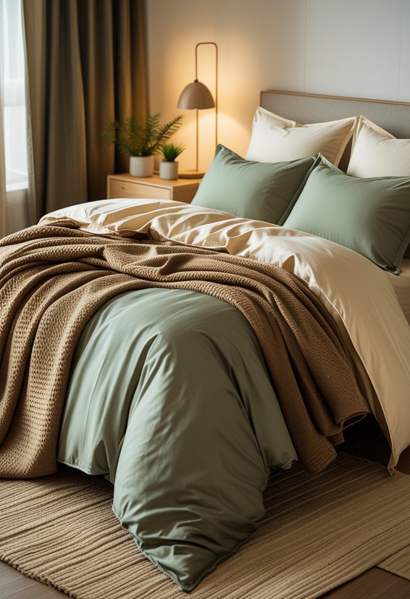A neatly made bed with brown, sage green, and ivory bedding in a softly lit bedroom with a wooden nightstand and a small plant.