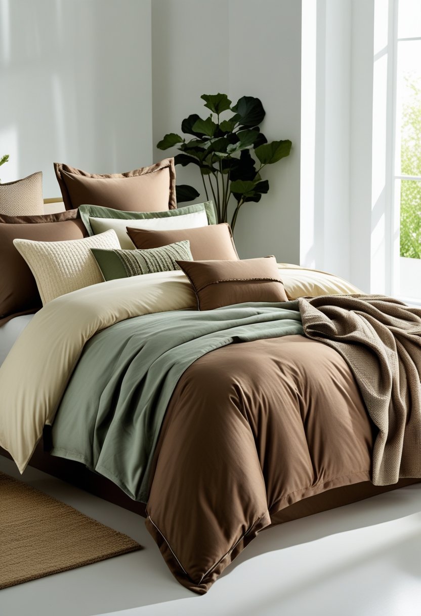 A neatly made bed with brown, sage green, and ivory bedding in a bright bedroom with natural light and simple decor.