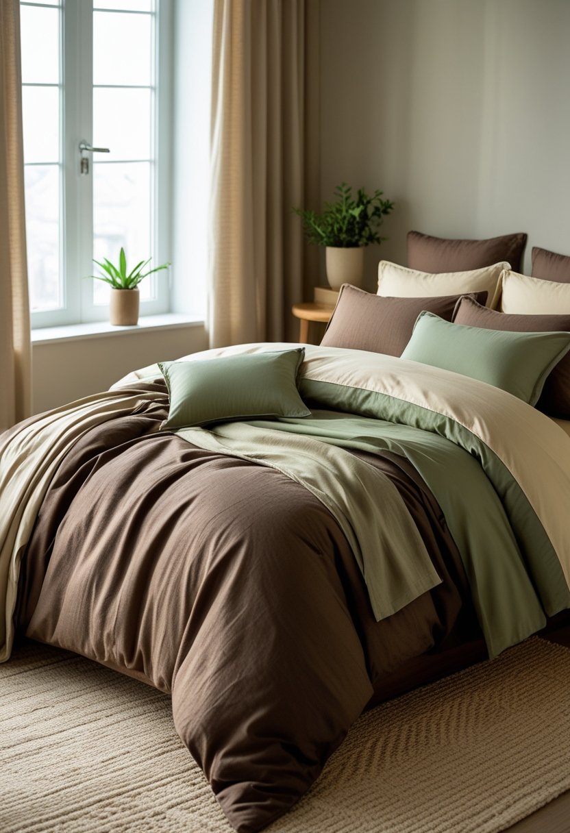 A neatly made bed with brown, sage green, and ivory bedding in a softly lit bedroom with wooden furniture and a small plant.