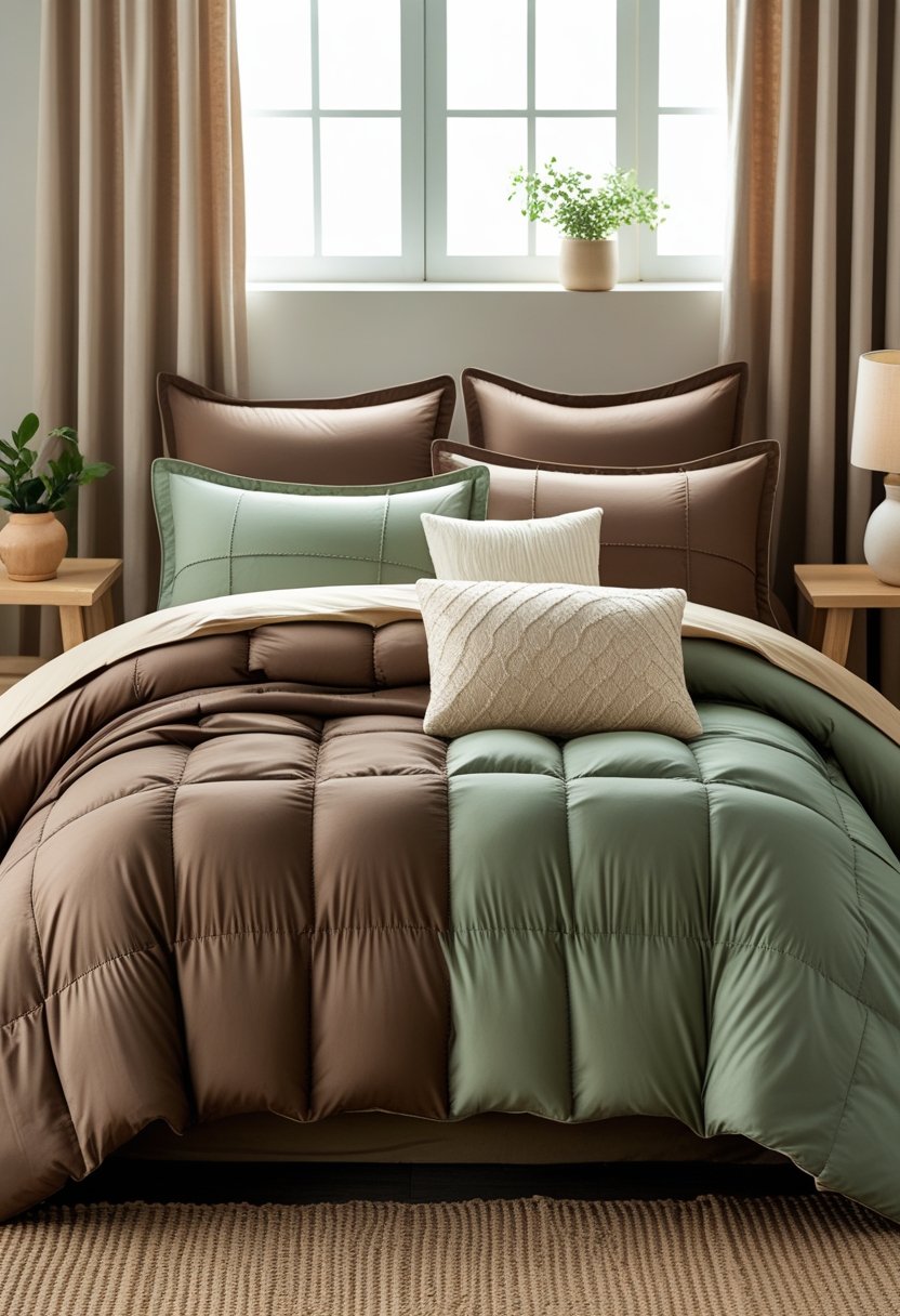 A neatly made bed with brown, sage green, and ivory bedding in a softly lit bedroom with wooden nightstands and a small plant.