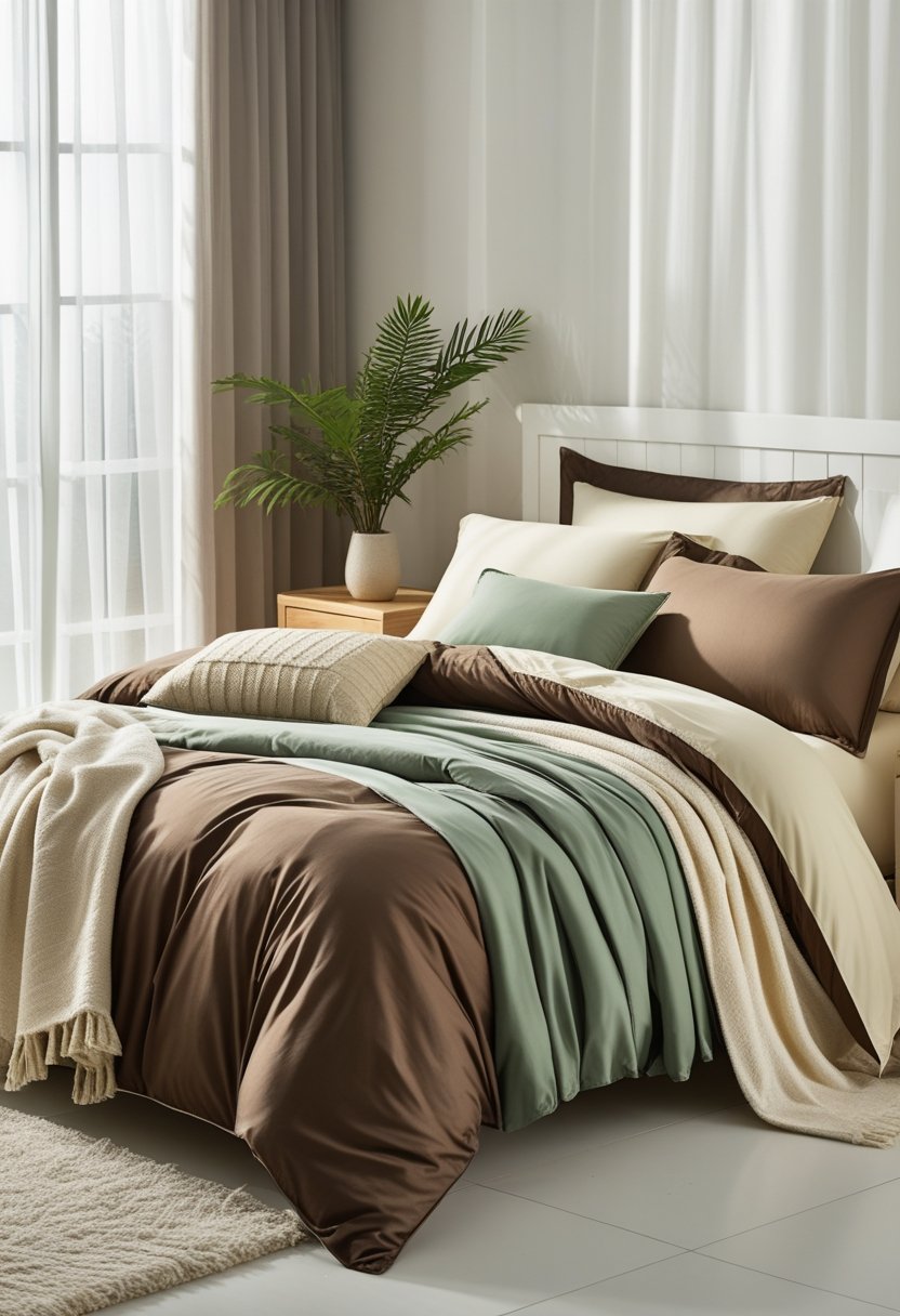 A neatly made bed with brown, sage green, and ivory bedding in a bright bedroom with natural light and simple decor.