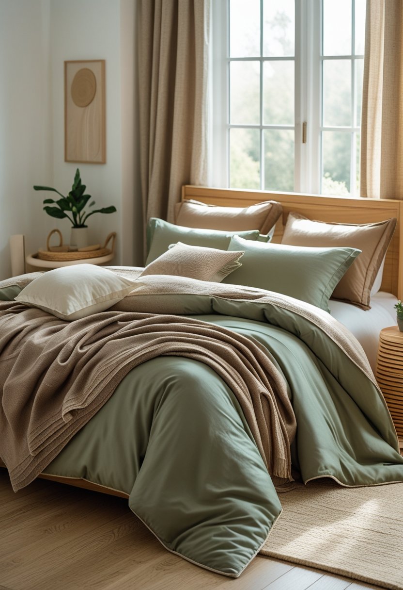 A neatly made bed with brown, green, and ivory bedding in a bright bedroom with wooden furniture and a small plant on a bedside table.
