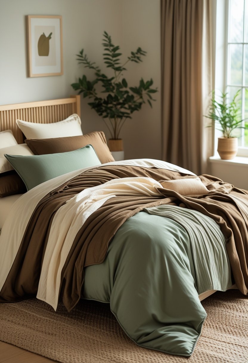 A bedroom with a bed made up in brown, sage green, and ivory bedding, with wooden furniture and plants nearby.