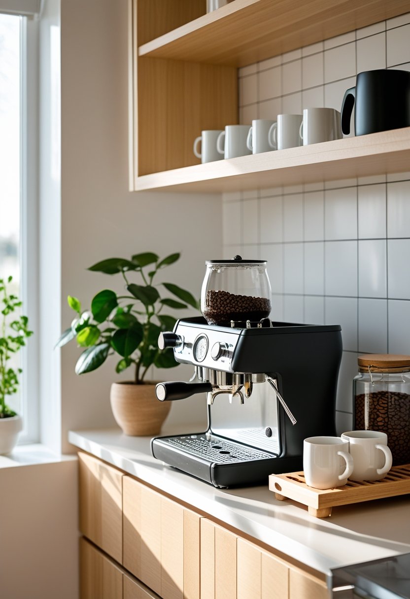 A kitchen coffee corner with an espresso machine, coffee beans in a jar, ceramic mugs, and a small potted plant on a wooden countertop.