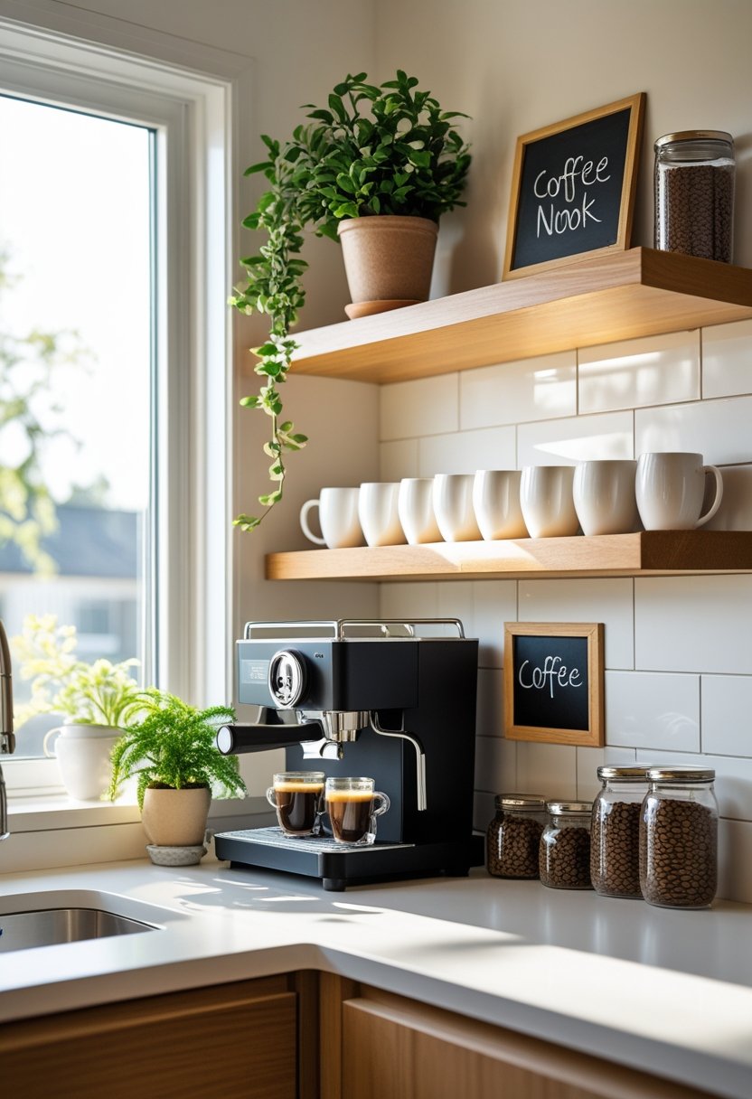A kitchen corner with a coffee machine, mugs on shelves, a small plant, and natural light coming through a window.