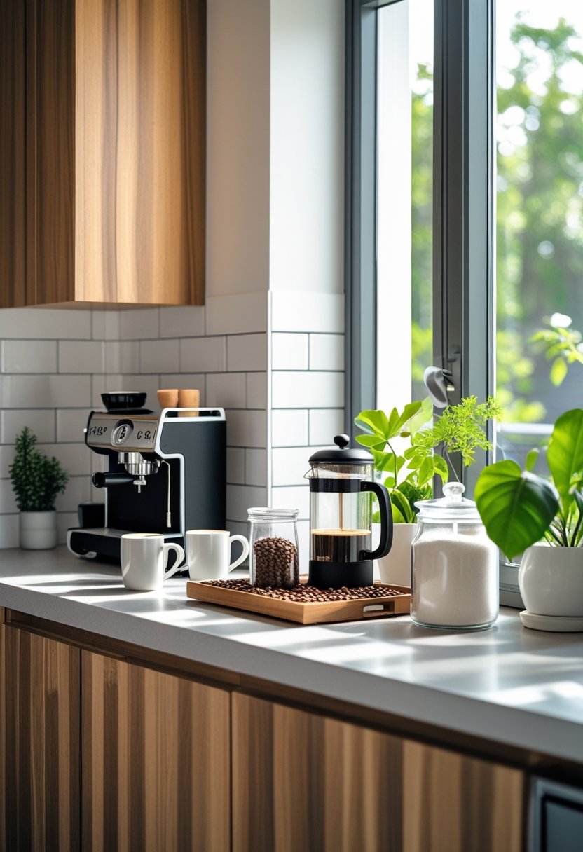 A kitchen countertop with a coffee machine, mugs, coffee beans, a French press, and potted plants arranged neatly.