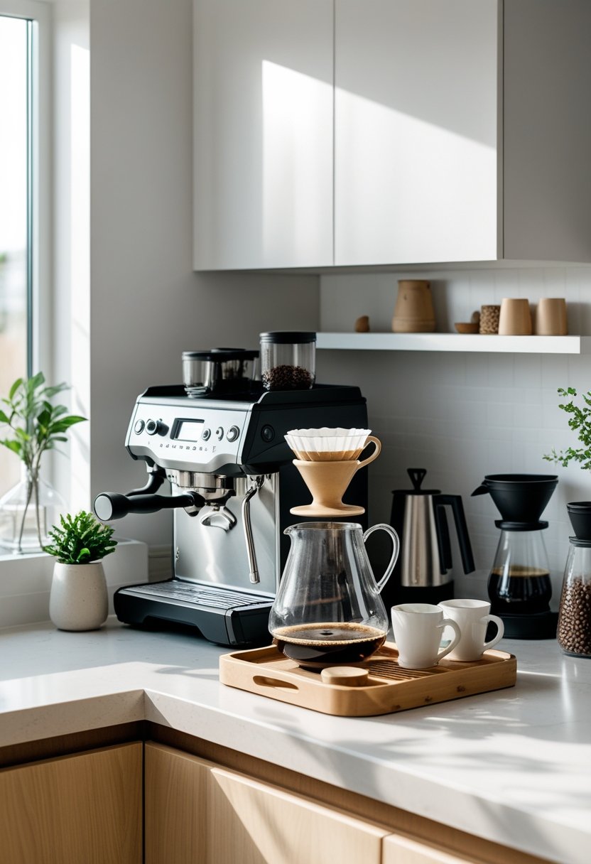 A kitchen coffee corner with various coffee makers, coffee beans in jars, cups, and a small plant on a clean countertop.