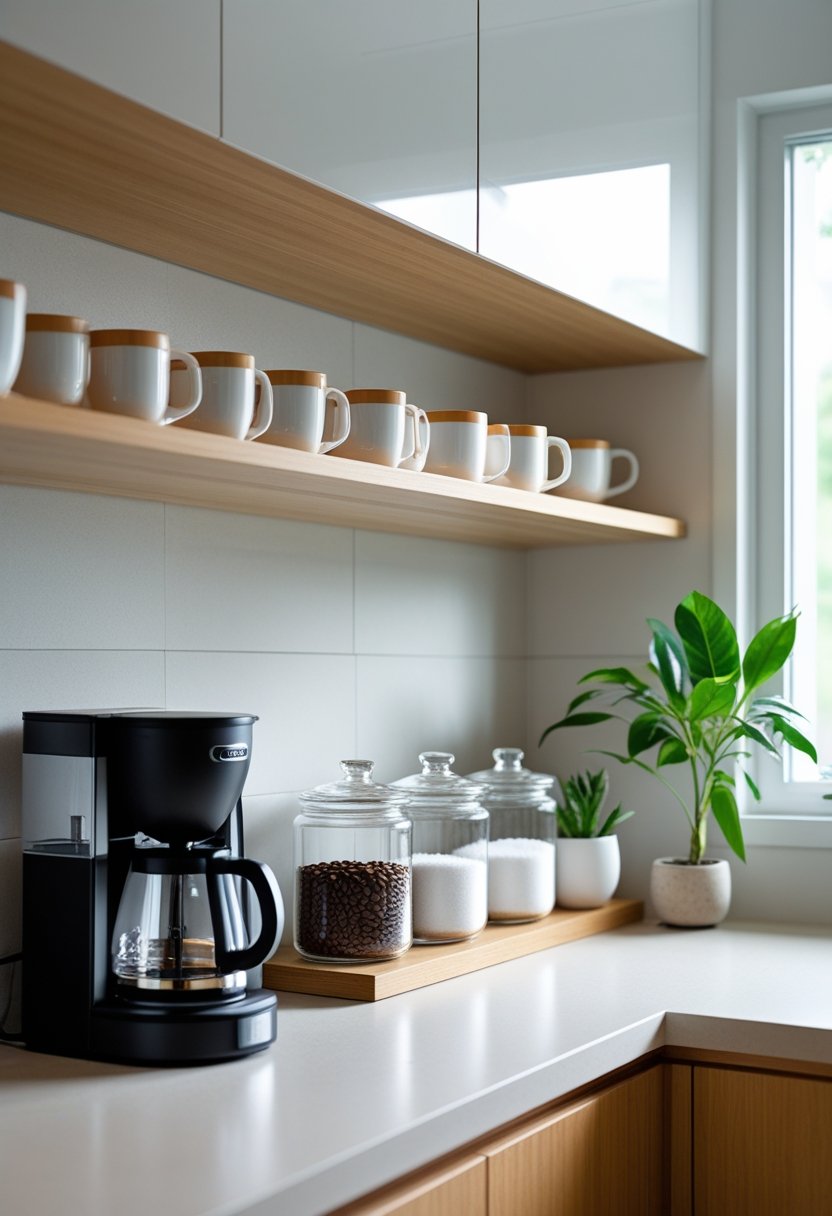 A neatly organized coffee corner in a kitchen with a coffee maker, mugs on a shelf, jars of coffee beans, and a small plant on the countertop.