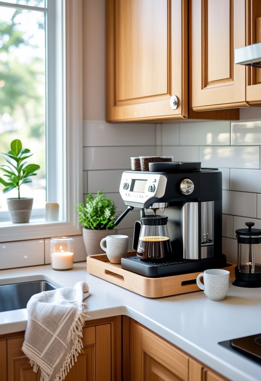 A kitchen coffee corner with an espresso machine, coffee mugs, a potted plant, and coffee accessories on a countertop near a window.