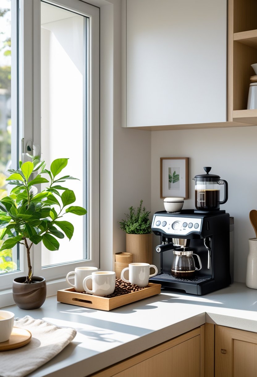 A kitchen coffee corner with an espresso machine, mugs, a potted plant, and coffee accessories on a countertop near a window.