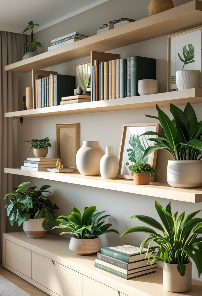 A living room shelf with books, plants, vases, and framed art arranged neatly.
