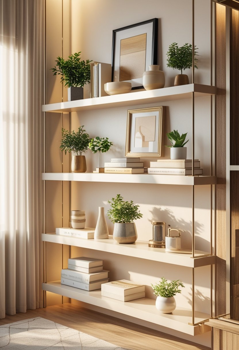 A living room shelf neatly arranged with books, plants, framed art, and decorative ceramics in a well-lit modern interior.