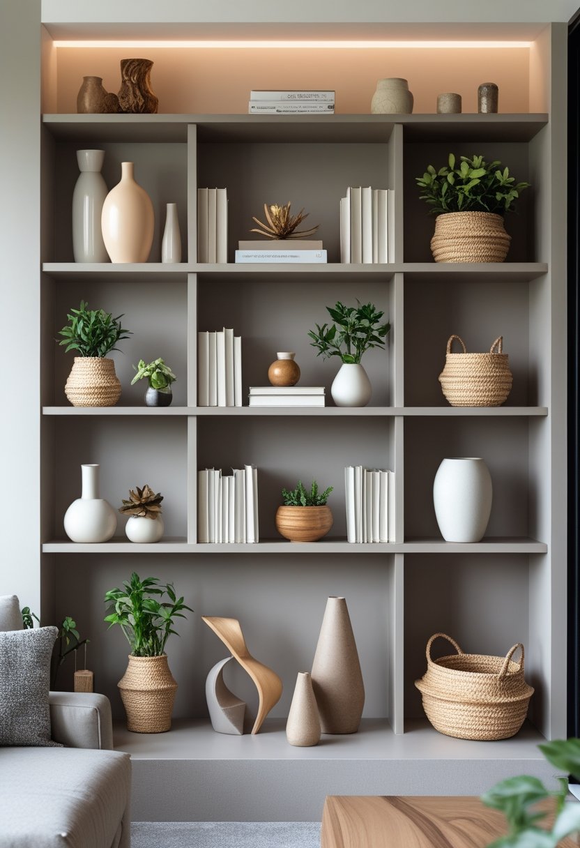 A well-arranged shelf with various decorative objects including vases, baskets, books, plants, and sculptures, showcasing different materials and heights.