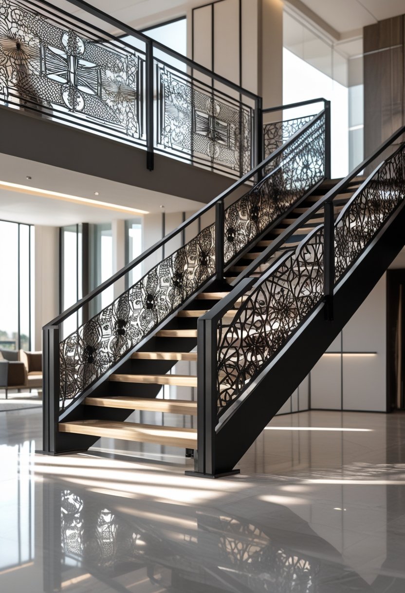 A modern staircase and balcony with detailed metal railings featuring geometric and floral patterns.