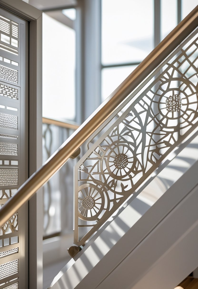 Close-up view of several metal railings with detailed geometric and floral patterns in a modern setting.
