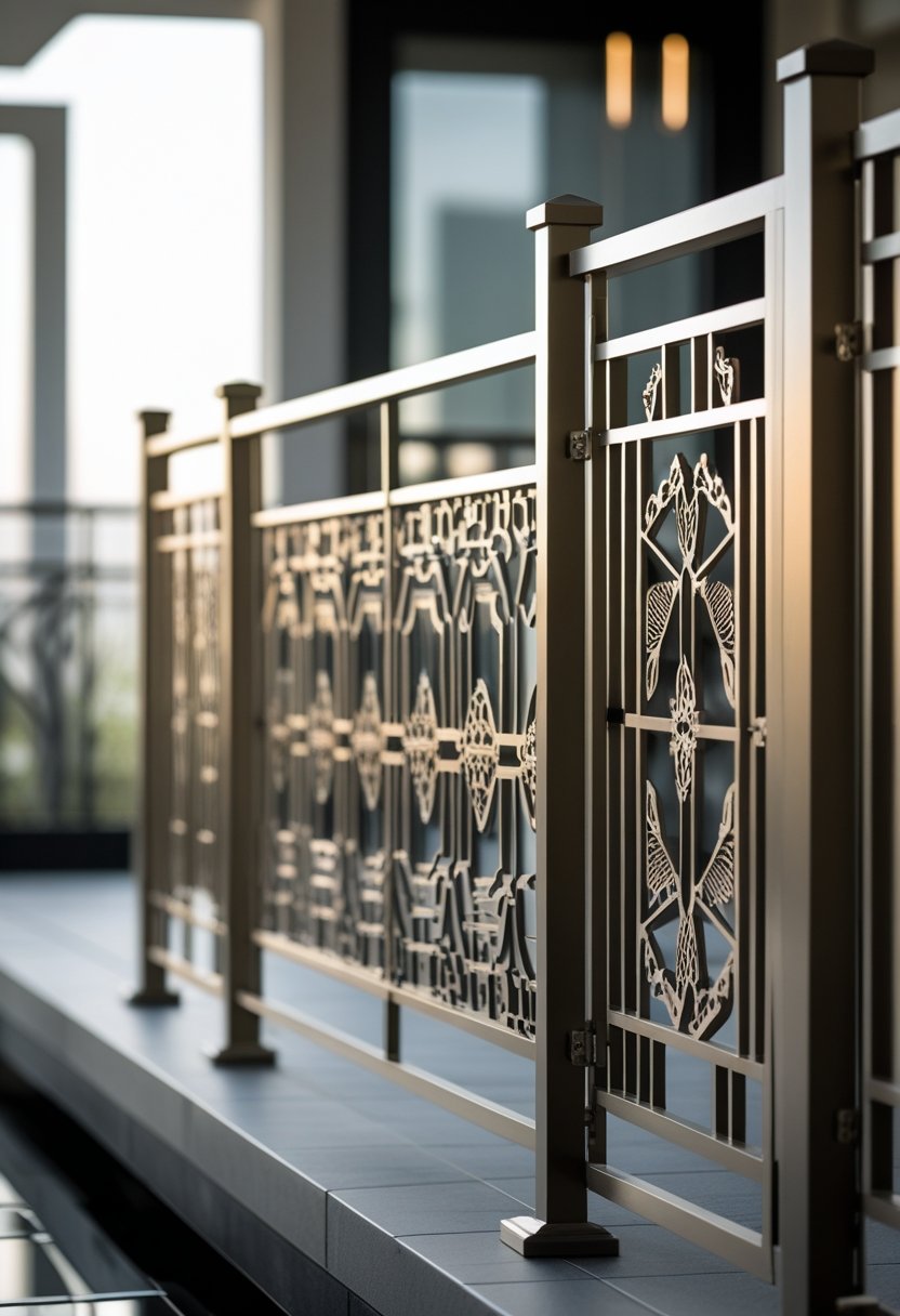 Close-up view of intricately designed metal railings in a modern architectural setting.