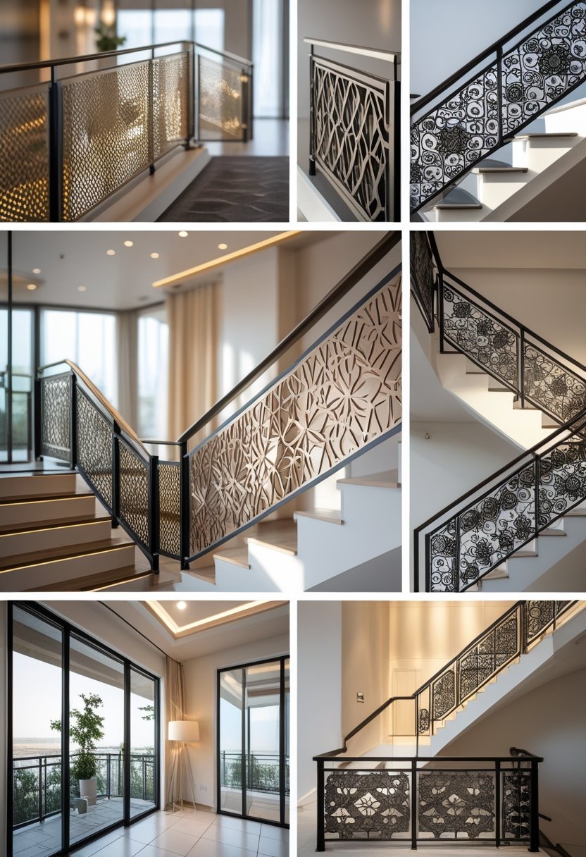 A display of metal railings with various decorative designs including geometric and floral patterns, shown in a showroom setting.