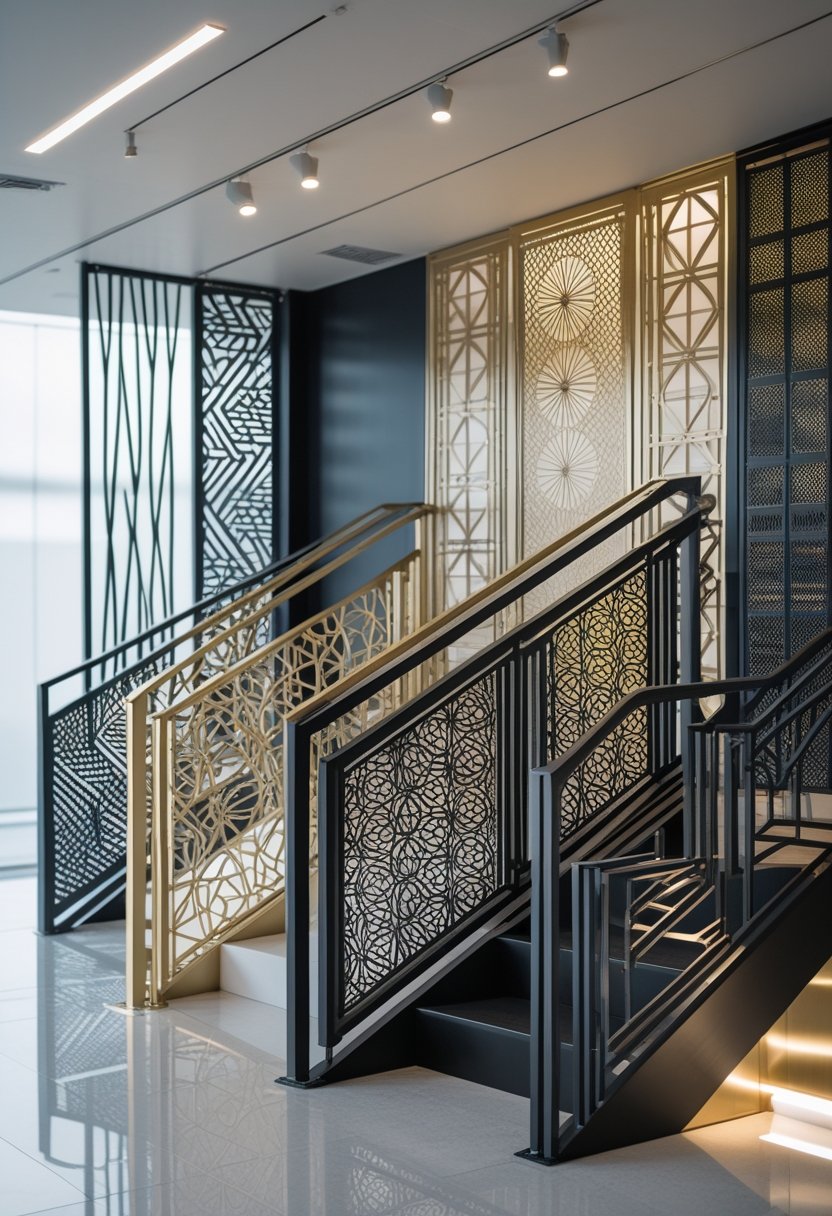 A display of several metal railings with geometric and floral patterns in a clean showroom.