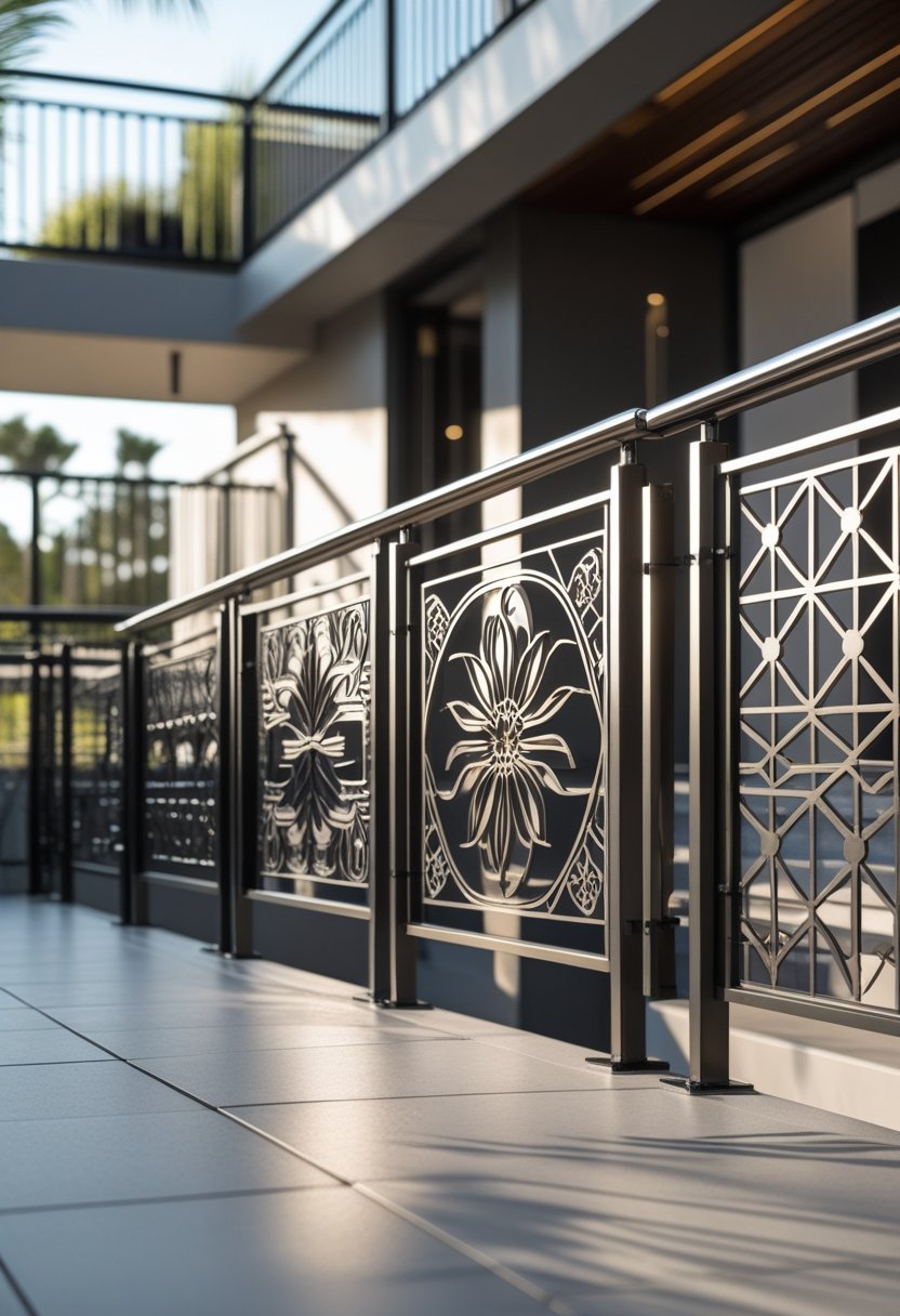 Close-up view of metal railings with geometric and floral patterns installed on a modern outdoor staircase and balcony.