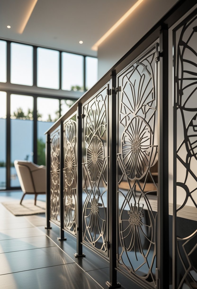 Interior view of a modern home with a staircase featuring decorative metal railings with intricate patterns.