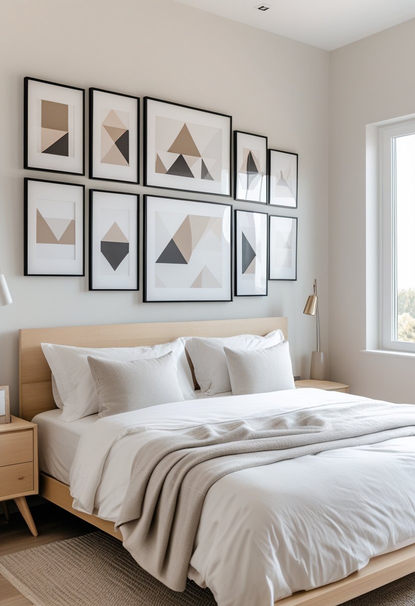 A bedroom with a bed and a wall decorated with framed geometric artwork above it.