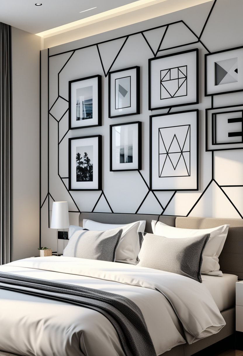 A bedroom with a bed and a wall decorated with framed photos arranged in geometric shapes.