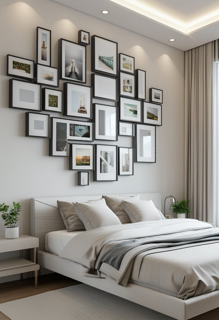 A bedroom with a bed and a geometric arrangement of photo frames on the wall above it, featuring minimal furniture and natural lighting.