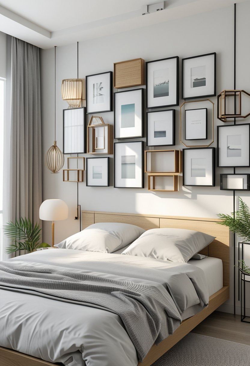 A bedroom with a neatly made bed and a wall decorated with various geometric photo frames arranged in a stylish pattern.